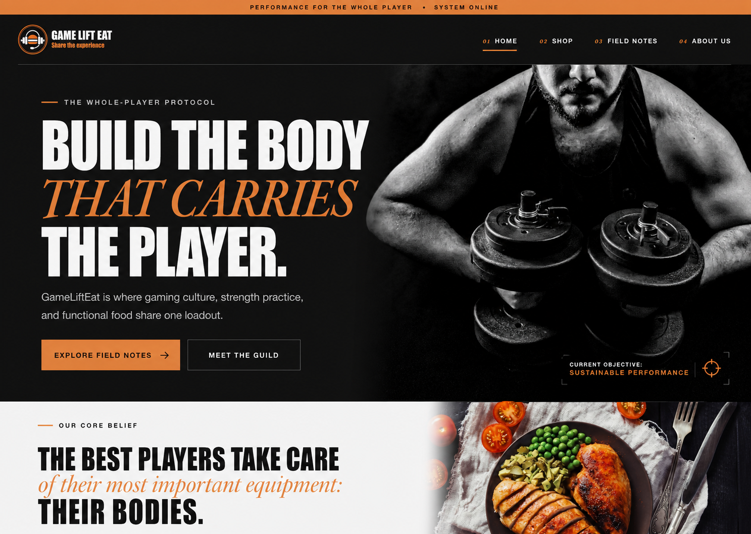GameLiftEat homepage combining strength training, gaming culture, and nutrition